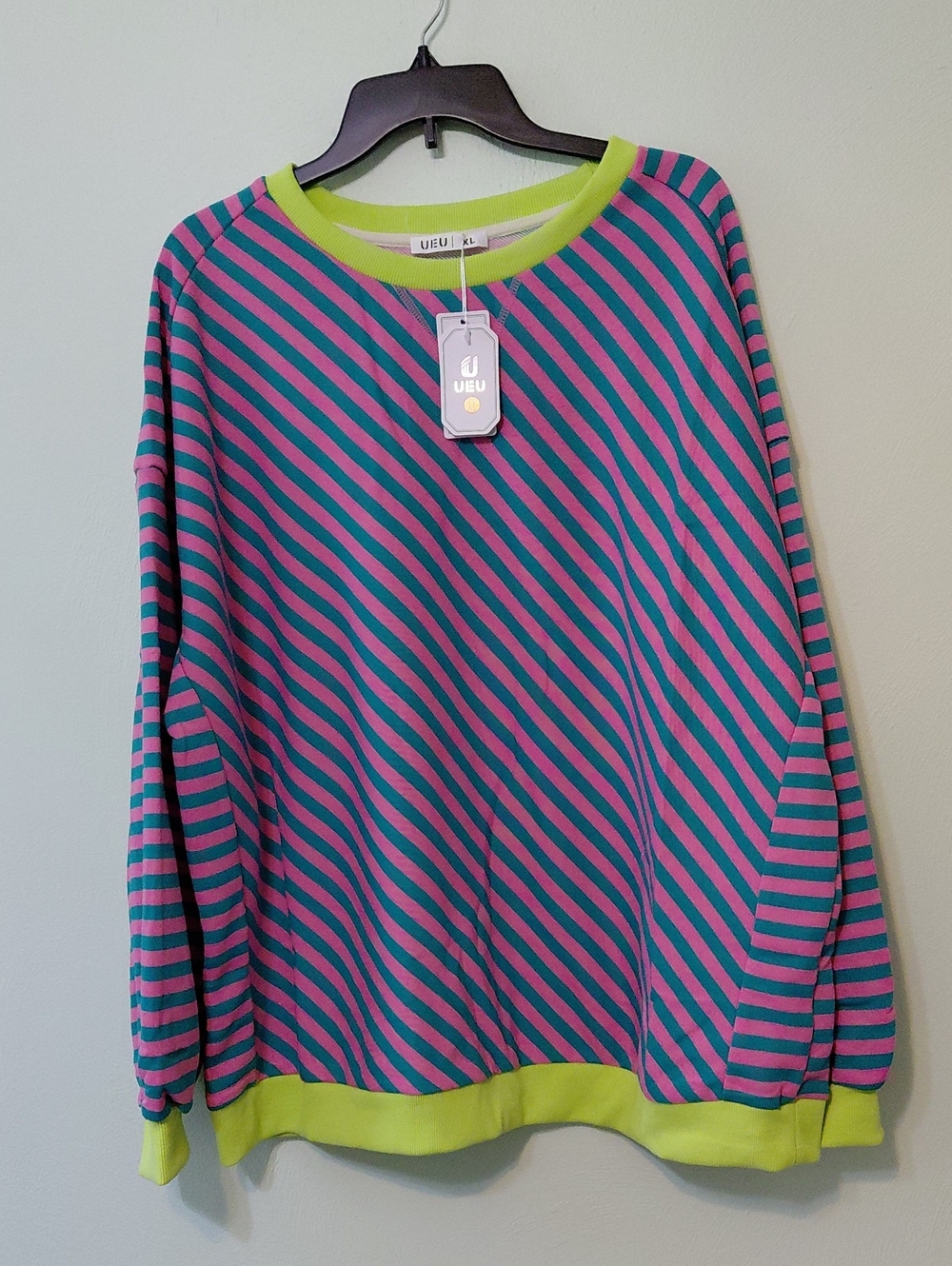 UEU Women's Pink and Green Striped Oversized Long Sleeve Pullover Size XL